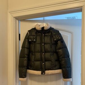 Women Black Puffer Jacket with Cream Trim Like New
